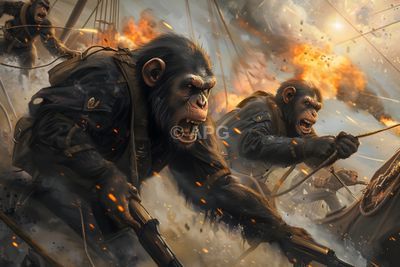 Affen im Krieg: Schlachtszene im Stil von 'Planet der Affen'